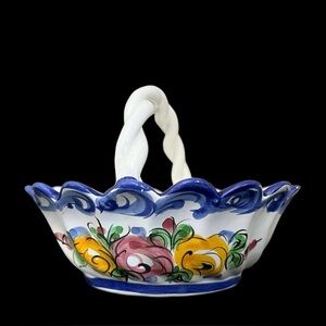 Vintage WHITE CERAMIC BASKET, Handmade in Portugal, Blue White Ceramic Basket